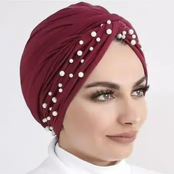 1 adet Bayanlar Türban Şapka Boncuklu İnciler Müslüman Hicap Wrap Kış Kaliteli Eşarp Yüksek Saç Bandana Türban Başörtüsü Şapka Sıcak O3m2  5