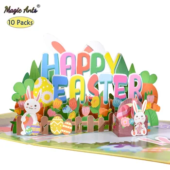 10 Paket Mutlu Paskalya Kartları 3D Pop Up Bunny Yumurta Tebrik Kartı Çocuklar için  2
