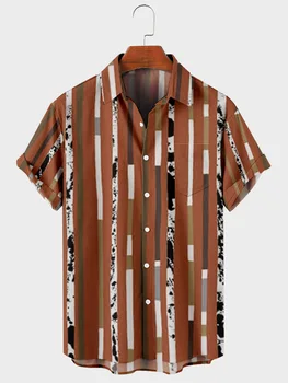 2021 erkek Rahat Trend Harajuku İlkbahar / Yaz Çizgili Desen Gömlek Kısa Kollu Göğüs Cebi Tasarım Moda Baskı Düğmesi  4