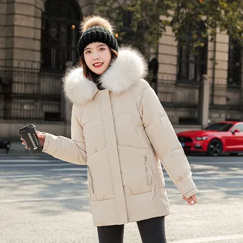 2021 Kış Yeni Kalınlaşmış Uzun Pamuk dolgulu kadınlar Gevşek Moda Kürk Yaka Parker Pamuk kapitone ceket Kadın  5