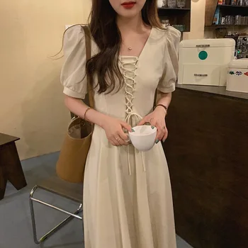 2021 Yeni Kadın Yaz Vintage Bej Uzun Bandaj Elbise Lacing Up İnce Bel A-line Kat Midi Kazak Sundress  4