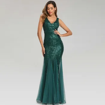 2022 Pullu Patchwork Mesh Mermaid Moda Gece Elbisesi Çift V Boyun Kolsuz Parlak Nedime Elastik Elbise  4