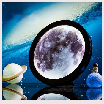 25cm Ay Ayna Lambası Yuvarlak Mehtap Duvar Dekor Başucu Gece Lambası Yıldızlı Gökyüzü ışıkları Ahşap Lambaları Yatak Odası için Ev Tuvalet Masası  5