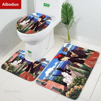 Aiboduo 3 adet / takım Kaymaz Anime Küçük Cadı Kiki Tuvalet kapak seti Banyo Halısı Yarasa Mat Ev Dekorasyon Kontur Halı  5