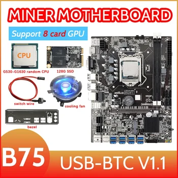 B75 8 Kart BTC Madencilik Anakart + G530 / G1630 CPU + Soğutma Fanı + 128G SSD + Anahtarı Kablosu + Çerçeve 8XUSB3.0 GPU LGA1155 DDR3 MSATA  10