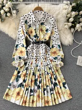 Bahar uzun kollu elbise Kadın Pilili Nokta Çiçek Baskı Elbise 2022 Zarif Kadın Zarif Ofis Bayanlar Vintage Midi Elbise Kemer ile  5
