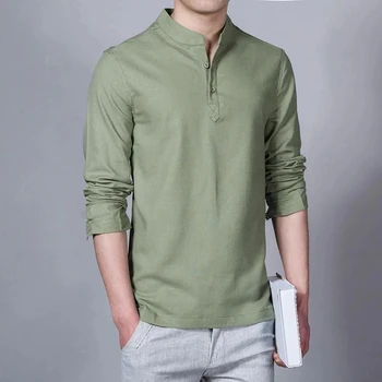 Camisa de lino transpirable para hombre, Jersey de manga larga con cuello levantado, ropa de negocios de Color sólido, novedad,  10