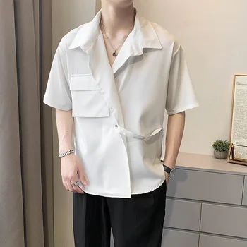 Erkek düzensiz kısa kollu gömlek yaz ışık olgun moda gençlik Ruffian yakışıklı tasarım rahat beyaz gömlek  5
