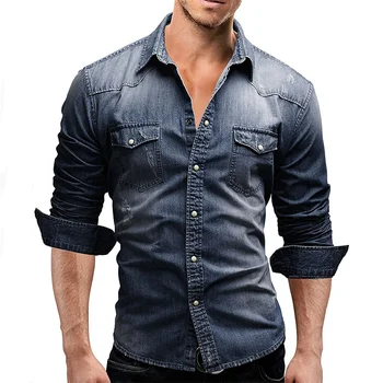 erkek uzun kollu denim gömlek Slim fit klasik Denim gömlek erkekler Bahar Sonbahar Rahat moda Bluzlar adam  5