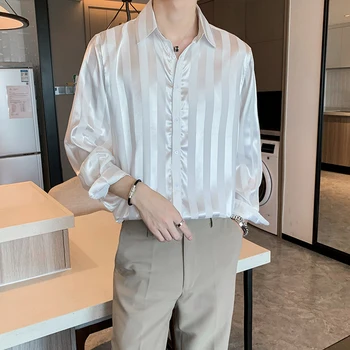 Erkek Çizgili İpek Gömlek Streetwear Kore Tarzı uzun kollu erkek gömlek Modası Lüks Düğme Aşağı Sosyal Smokin Gömlek Erkekler  10
