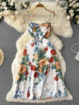 Foamlina Kadın Yaz Çiçek Baskı Plaj Elbise 2022 Yeni Kare Yaka Spagetti Kayışı Kolsuz Backless A-line tatil elbisesi  10