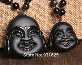 Güzel El Yapımı Doğal Siyah Obsidian Oyma Gülüyor Buda Baş Şanslı Kolye + Ücretsiz Kolye moda Moda Takı  2