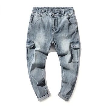 Hip Hop Kot Erkekler harem pantolon Açık Mavi Streç Gevşek Fit Bahar ve Yaz Çok Cepler Tasarımcı Büyük Boy erkek pantolonları Pantolon  10