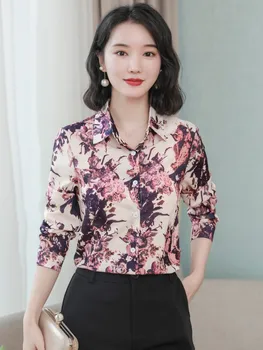Ipek Bluz Kadın Moda Saten Uzun Kollu Bluzlar Vintage Gömlek Zarif Kadın Giyim Gömlek Kadınlar için OL Baskı Kadın Üstleri  4