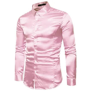 Ipek Saten Lüks Elbise Gömlek Pembe Erkekler 2022 Marka Yeni İnce Uzun Kollu Smokin Gömlek Erkek Düğün Kulübü Parti Dans Balo Camisas  5