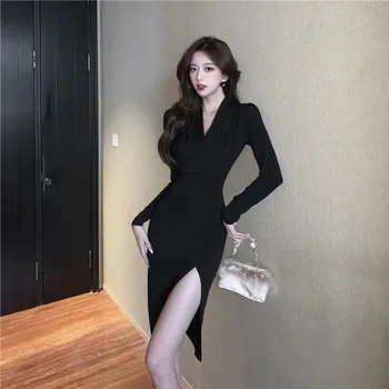 İlkbahar Sonbahar V Yaka Siyah Bodycon Elbise Uzun Kollu Katı Seksi Bölünmüş Parti Kadın Vestido Yüksek Sokak Zarif İnce Femme Elbise  2