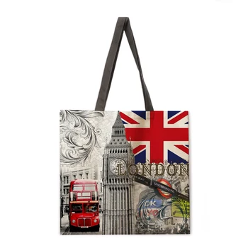 İngiliz mimarisi baskılı çanta kadın gündelik çanta kadın askılı omuz çantası Katlanabilir alışveriş çantası Plaj çantası çanta  4