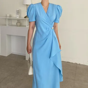 JSXDHK 2022 Şık Kore Yaz Ofis Bayan Elbise Zarif Kadın V Boyun Bir Düğme Bel Ruffles Mavi Puf Kollu Uzun Vestidos  5