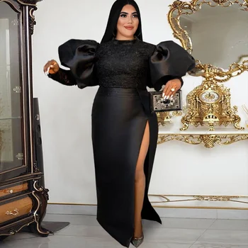 Kadın Artı Boyutu Elbiseler Moda Dantel Dikiş Fener Kollu Yüksek Bel Yarık Siyah Elbise 2022 Rahat Zarif Parti Elbise  5