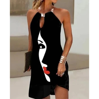 Kadınlar Halter Şekil Baskı askı elbise Yaz Moda Femme Kolsuz Bir Çizgi Mini Elbise Rahat siyah Elbise Kıyafetler Streetwear  3
