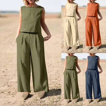 Kadınlar Katı Renk Pamuk Keten Basit Setleri Bahar O Boyun Kolsuz Tank Top ve Geniş Bacak Pantolon Kıyafetler Yaz Katı Harajuku Takım Elbise  5