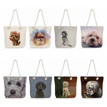 Kaniş Köpek Sanat Portre Baskı Tote Köpek tekrar kullanılabilir alışveriş poşetleri Kalın Halat omuzdan askili çanta Pratik Günlük Ofis Çanta Kadınlar İçin  5