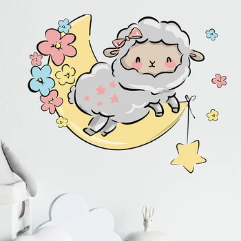 Karikatür Sevimli Koyun Ay Çiçekler duvar çıkartmaları Çocuk Odası için Bebek Kreş Odası Duvar Çıkartmaları Ev Dekoratif Çıkartmalar Dekor  3
