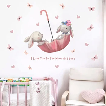 Karikatür Tavşan Kelebek Şemsiye Tavşan duvar çıkartmaları Çocuk Odası İçin Bebek Odası Dekor Duvar Çıkartmaları Odası İç  5