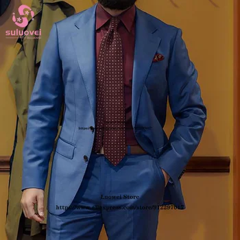 Klasik Lacivert Slim Fit Takım Elbise Erkekler İçin 2 Parça Ceket pantolon seti Erkek İş Blazer Resmi Damat Düğün Çentik Yaka Smokin  5