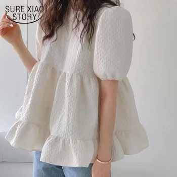 Kore Puf Kollu O-Boyun Rahat Beyaz Bluz Üstleri Tatlı Fırfır Bebek Gömlek 2022 Yaz Yeni Sevimli Katı Blusas Mujer De Moda 15517  10