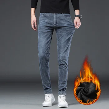 Kot 2022 Kış Streetwear Retro Düz Slim Fit Polar Kot Pantolon Erkek Marka Pantolon  5