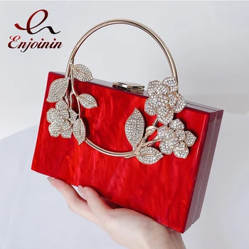 Kırmızı Akrilik Elmas Kutusu Şekli Parti Debriyaj Tasarımcı Çantalar ve Çanta Kadınlar için suni elmas zincir omuzdan askili çanta Metal Kolu Yeni  5