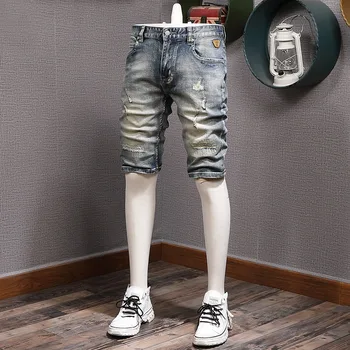 Kısa kot pantolon Erkekler Vintage Streetwear Yırtık Kot Şort Moda Rahat Retro Renk Streç Slim Fit düz pantolon  4