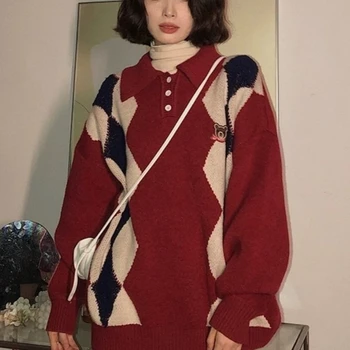Kış POLO Yaka Örme Kazak Kadın Sonbahar Argyle Uzun kollu Vintage Sıcak Üstleri Kore Moda Kaşmir Büyük Boy Elbise  5