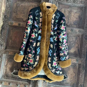 Kış Yeni Vintage Saray Nakış Çin Tarzı Elegance Kadın Yün Ekleme Yaka Tavşan Saç Sıcak pamuklu ceket M-3XL  4