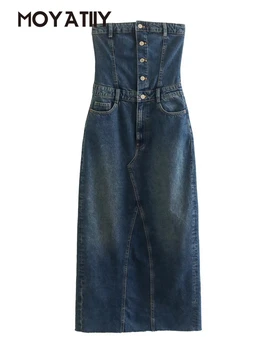 MOYATIIY Kadın Moda Denim Midi Elbise Vintage Düz Boyun Düğmeleri Kadın Elbiseler Straplez Highstreet Vestidos  5