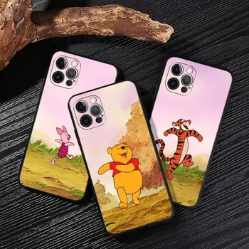 Mutlu Karikatür T-Tigger-Winnie-Pooh-Piglet Siyah Kapak Apple iPhone 13 14 12 11 Pro Max Mini XR XS 6 7 8 Artı Durumda Yumuşak Funda  5