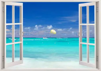 renkli plaj duvar sanatı 3D pencere, mavi plaj duvar çıkartmaları, romantik plaj vinil duvar sticker, duvar ada plaj vinil hemşire için  5