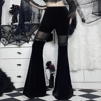 Rosetic Yeni Tasarlanmış Koyu Goth Dantel Pantolon Patchwork Yüksek Bel Flare Bacaklar Düz Renk Gotik Tarzı Bayanlar Uzun Pantolon Sonbahar  10