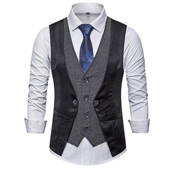 Sahte İki Parçalı Patchwork Takım Elbise Yelek Erkekler 2022 Marka Yeni Slim Fit Kruvaze Yelek Yelek Erkekler Beyefendi İş Rahat Yelek  5