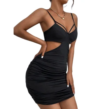 Siyah Seksi Elbise Spagetti Kayışı Hollow Out Backless Yüksek Bel Kılıf Kulübü Elbiseler Kadınlar İçin Kısa Yaz Mini Bodycon Vestidos  5