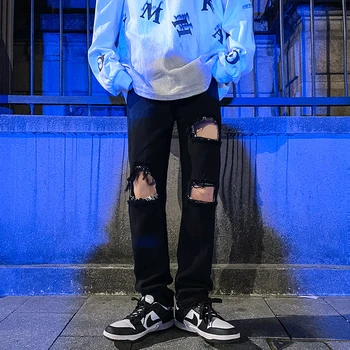 Slim Fit Düz Bacak Kot Erkekler için Japon Moda Trendleri Punk Giyim Genç Rahat Yırtık Kot Pantolon Gotik Delik Pantolon  5