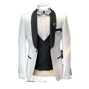 Slim Fit Düğün Damat Smokin Beyaz Erkek Takım Elbise Siyah Yelek Pantolon 3 Parça Erkek Moda Kostüm Ceket Yeni Varış 2022  5