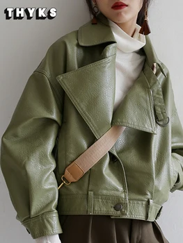 Sonbahar Moda Yeşil Yumuşak Suni Deri Ceket Bayanlar Cep Gevşek Biker Kırpılmış Ceket Yüksek Kaliteli Tasarımcı Giyim 2022  5