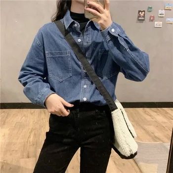 Sonbahar Rahat Camisa Kot Feminina Uzun Kollu Denim Gömlek Kadın Bluz Düğme Cep Chemise Femme Bayanlar Tops X133  3