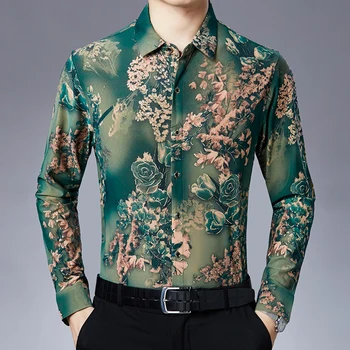 Sıcak erkek moda baskı elbise uzun kollu erkek gömlek çiçek baskılı elbise gömlek  5
