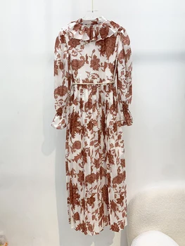 Tasarımcı Moda 2022 Sonbahar Vintage uzun elbise Kadın Tek Göğüslü Ruffles Plise Baskılı Yüksek Kaliteli Parti  10