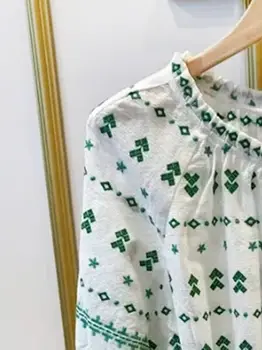 Taze Geometri İşlemeli kadın Gömlek O-boyun Bayanlar Uzun Puf Kollu Zarif Casual Bluz Tops 2022 Yaz Yeni  5