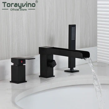 Torayvino Mat Siyah 3 Adet Banyo Bataryası Seti Havzası Lavabo Güverte Üstü Şelale Musluk Küvet Lavabo Bataryası Su Dokunun  5