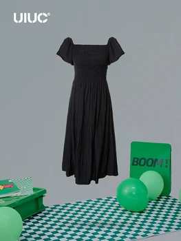 UIUC Siyah Kare Boyun Midi Elbise Kadınlar Kore Tarzı Ruffled Manşetleri uzun elbise  10